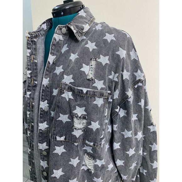 POL Denim Jacket Distressed Oversized Loose Fit Gray White Stars Y2K Size L - Picture 2 of 8